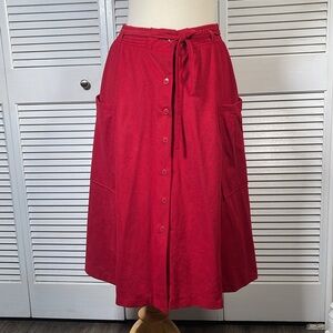 Y2K Fritzi Faux Suede Red Midi Skirt L Button Front Tie Waist with Pockets.